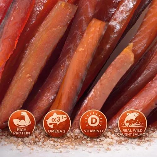 Miniatura 3 de Rublev Salmon Jerky Sabor Original – Tiras de pescado seco capturado en la naturaleza, aperitivo alto en proteínas con Omega 3, carne seca