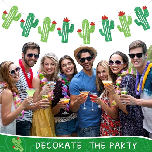 Miniatura 7 de Lewtemi 4 guirnaldas de cactus con purpurina verde, decoración de fiesta temática mexicana para fiesta de cumpleaños, suministros de fiesta de cinco