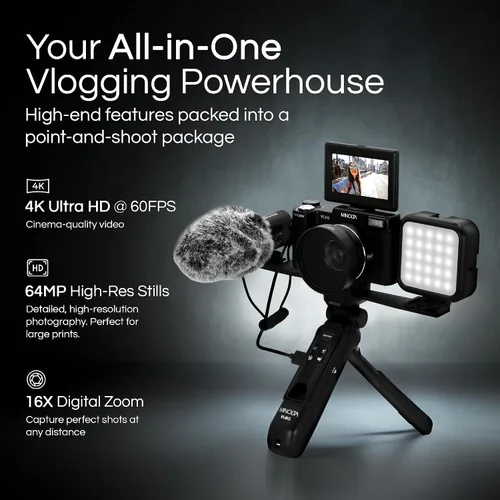 Miniatura 3 de Minolta Kit de cámara VLOG de 64MP 4K60FPS - Videocámara digital de enfoque automático con trípode, control remoto, micrófono, luz LED, pantalla LCD