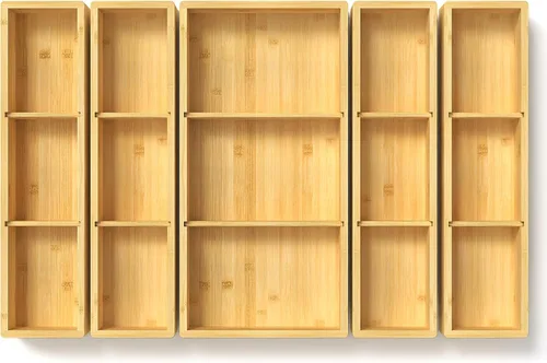 DUJEN 5 piezas Organizador de cajones de bambú ajustable, organizador de 3 cajones individuales para basura para baño y cocina, cajas organizadoras