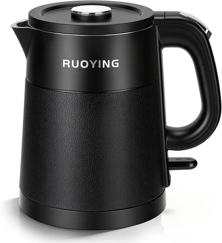 Hervidor eléctrico pequeño de 0.8L, caldera de agua portátil de acero inoxidable de doble pared de viaje, tanque interno sin costuras de grado