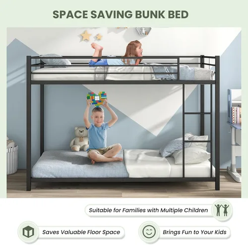 Miniatura 6 de KOMFOTT Litera baja de metal, tamaño individual sobre individual, base de cama resistente con escalera y barandillas de longitud completa, marco