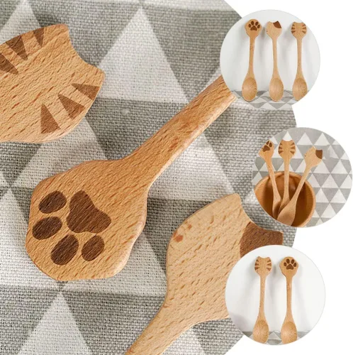 Miniatura 8 de iplusmile Juego de 2 cucharas de madera para gatos, utensilios de cocina ergonómicos de 5.51 pulgadas para ensalada de arroz y sopa, diseño de mango