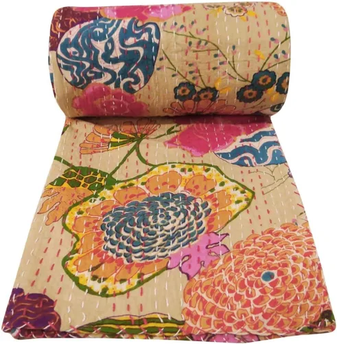 Miniatura 57 de Sophia-Art Colcha reversible de frutas indias para cama individual/king con patrón Gudri de algodón puro estilo Kantha, colcha decorativa con Rosa