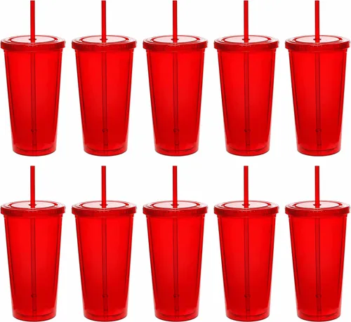 DISCOUNT PROMOS Vasos acrílicos de doble pared de 20 onzas, juego de 10 unidades, sin BPA, perfectos para café helado, refrescos, otras bebidas Rojo