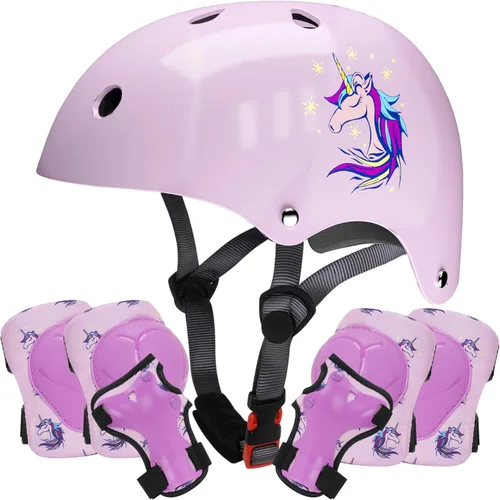 Miniatura 9 de Casco para niños con rodilleras, coderas y protectores de muñeca, equipo de protección para niños de 3 a 5-8 años para niños y niñas, apto para Rosa