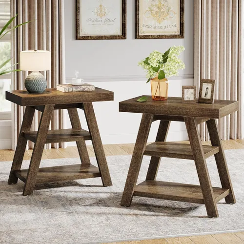 Miniatura 11 de Tribesigns Mesa auxiliar de granja, mesa auxiliar de madera de 3 niveles con patas trapezoidales, mesa auxiliar rústica para sofá, mesita de noche