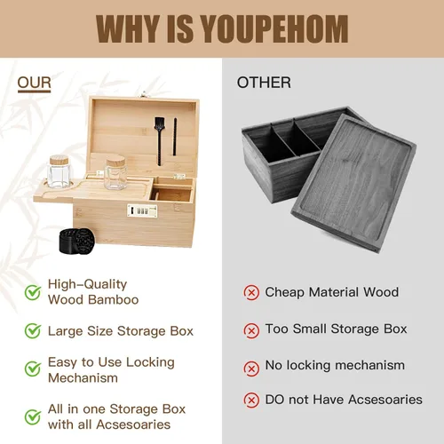 Miniatura 3 de Youpehom Caja grande de bambú, caja de almacenamiento decorativa con cerradura de combinación, caja de madera con cerradura y tapa, caja
