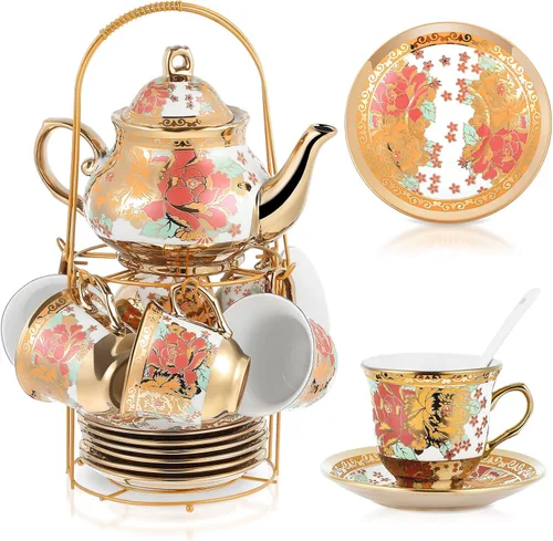 Miniatura 28 de Zhehao Juego de té de porcelana de 20 piezas con soporte de metal y cuchara para adultos, juego de té de cerámica para adultos, pintura de flores