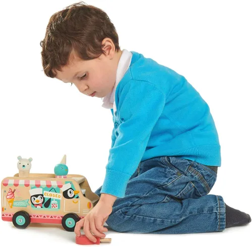 Miniatura 4 de Tender Leaf Toys - Furgoneta de gelato de pingüino - Vehículo de madera de helado de juego de comida estilo camión de comida - Fomenta el juego