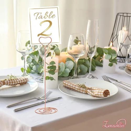 Miniatura 5 de 16 soportes para tarjetas de lugar, 8.75 pulgadas de alto, soporte para cuadros de oro rosa para mesas con clip en forma de corazón para bodas