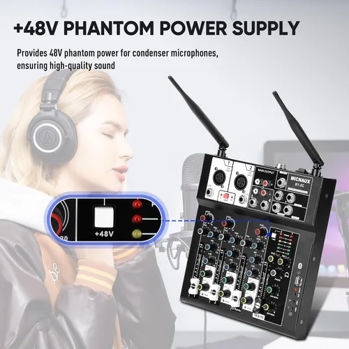 Miniatura 6 de Mezclador de audio de 4 canales, mezclador de karaoke con micrófonos inalámbricos duales, tablero de sonido profesional, consola de mezcla de DJ