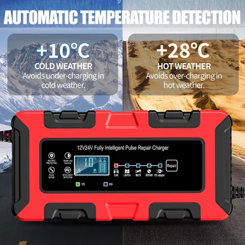 Miniatura 7 de Cargador de batería inteligente de coche de 12 V/24 V, mantenedor de 10 amperios y cargador de goteo, desulfatador con compensación de temperatura