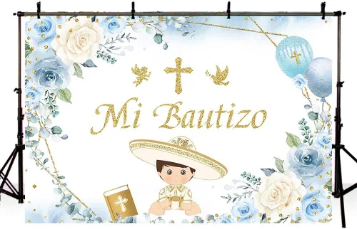 Miniatura 4 de AIBIIN Telón de fondo Mi Bautizo de 7 x 5 pies, suministros de decoración de fiesta de bautizo, globo floral azul, cruz dorada, ángel de fotografía