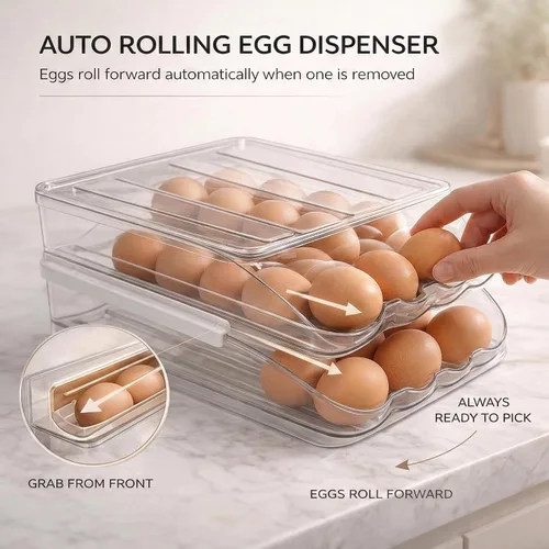 Miniatura 3 de Soporte para huevos para refrigerador con dispensador automático rodante, dispensador de huevos para refrigerador, organizador de huevos apilable