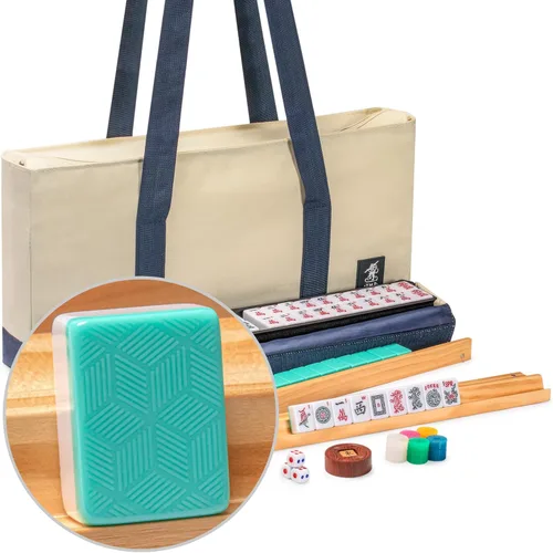 Yellow Mountain Imports American Mahjong Set, Harbor Mint con bolsa de lona beige y azul, 4 estantes todo en uno con empujadores, monedas de