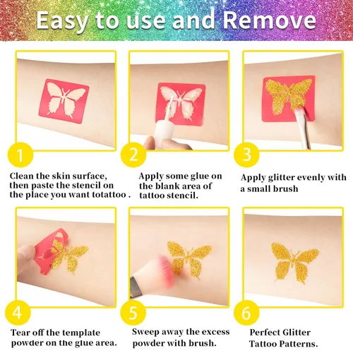 Miniatura 3 de Kit de tatuajes temporales con purpurina para niños, 32 colores, 165 plantillas, 3 pegamento, 5 pinceles, 1 soplo de polvo, kit de maquillaje