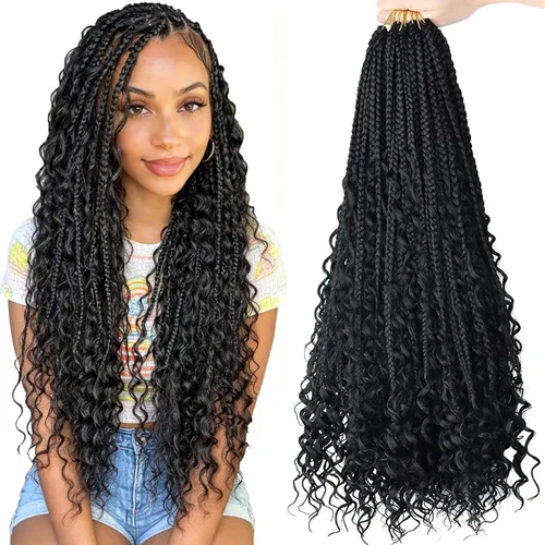 Miniatura 12 de LMZIM 18 Pulgadas Trenzas de Caja Bohemias 8 Paquetes Trenzas de Caja de Diosa Bohemia Cabello de Ganchillo con Puntas Rizadas Cabello de Ganchillo