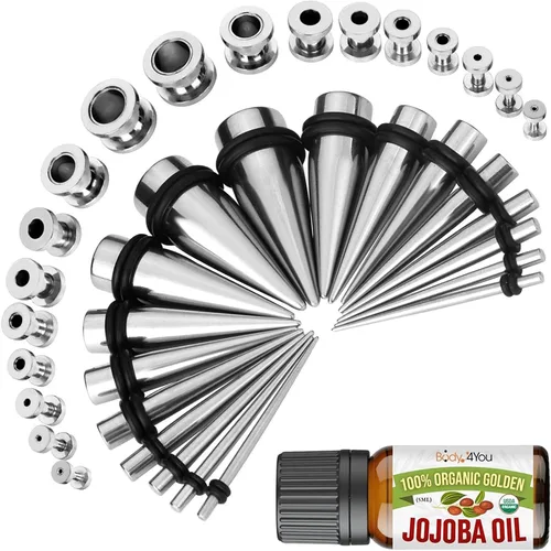 Miniatura 35 de BodyJ4You kit de 37 piezas de diferente calibre para dilatar perforaciones de oreja, aceite de jojoba, 14G-00G, acero quirúrgico