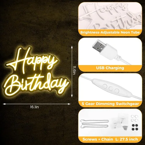 Miniatura 5 de Letrero de neón de feliz cumpleaños, luz regulable, funciona con USB, lindo letrero de neón blanco cálido para colgar en la pared de fondo