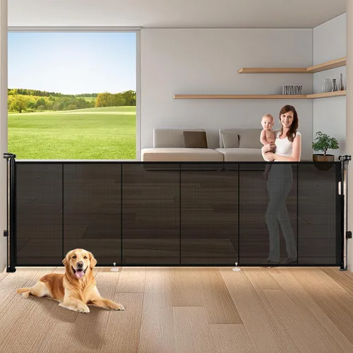 Miniatura 18 de Puertas de bebé retráctiles para escaleras, Pravoluxmax puerta retráctil extra ancha de 78" con varillas de soporte para la casa, puerta de Blanco
