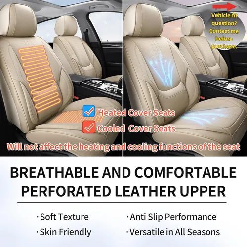 Miniatura 6 de Juego completo de fundas de asiento de automóvil, fundas de asiento de cuero beige, protectores transpirables para asientos delanteros y traseros