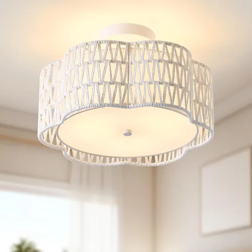 Miniatura 14 de Lámpara de Techo Empotrada de Ratán de 17.7", Luminaria de Techo Boho de 3 Luces Cerca del Techo, Lámpara de Techo de Ratán para Dormitorio, Amarillo