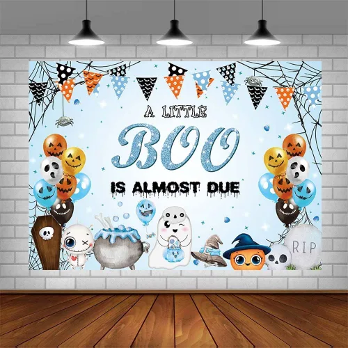 Miniatura 4 de AIBIIN Telón de fondo de Halloween de 7 x 5 pies para baby shower, con texto en inglés "A Little Boo is Almost Due Baby Shower Decoraciones" azul
