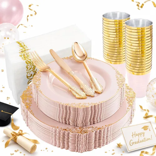 Morejoy 175 platos de plástico rosa, juegos de platos desechables rosa y dorado, incluye 25 platos llanos, 25 platos de postre, 25 juegos de rosa y