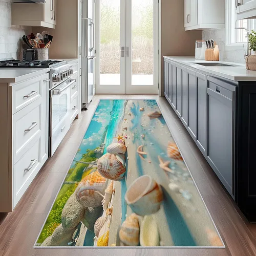 Miniatura 3 de J308 - Alfombra de pasillo con temática de playa de 2 x 4 pies, patrón de conchas marinas costeras, antideslizante, lavable, temática de playa
