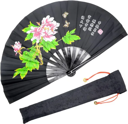 Miniatura 9 de OMyTea Ventilador de mano plegable grande de bambú para hombres y mujeres, ventilador de mano chino japonés de Kung Fu Tai Chi con funda de tela