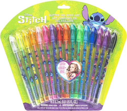 Disney Stitch 16 piezas de juego de rotuladores de purpurina para arte corporal, colores brillantes y brillantes, edades 3+ por Townley Girl
