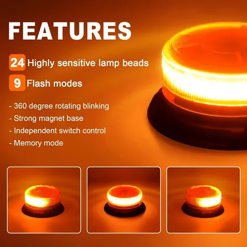 Miniatura 5 de Dinfu Luz estroboscópica magnética para camiones y carritos de golf, luz intermitente de advertencia de seguridad recargable IP68, 9 modos, lámpara