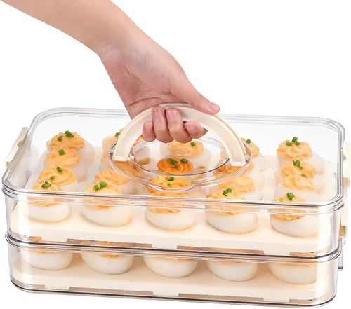 Miniatura 8 de Recipientes para huevos con tapa, bandeja de plástico para huevos con asa para 20 huevos, transparente, portátil, apilable, almacenamiento para 1
