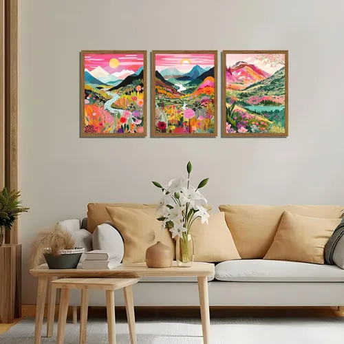 Miniatura 9 de Juego de 3 piezas de arte de pared de montaña colorida boho, pinturas abstractas de paisaje de flores de acuarela, pósters modernos de naturaleza