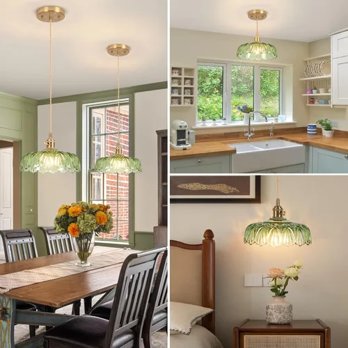 Miniatura 5 de Luces Colgantes para Isla de Cocina, Luz Colgante de Cristal Verde Accesorios de Iluminación Vintage, 9.4 pulgadas E26 Acabado Lámpara Colgante