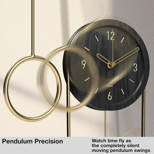 Miniatura 2 de Driini Reloj de pared decorativo con péndulo (negro) – Madera moderna, números dorados 3D, marco de metal – Relojes de pared pequeños y únicos