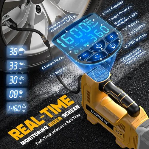 Miniatura 3 de Compresor de aire inflador de neumáticos inalámbrico compatible con batería Dewalt 20V Max, LIVOWALNY bomba de aire portátil con manómetro digital