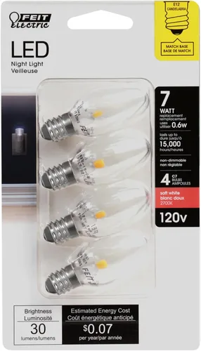 Miniatura 2 de Feit Electric BP7C7/827/LED/4 0.6W Equivalente a 7W 30 Lúmenes Base de Candelabro Cuatro Bombillas LED C7 de Luz Nocturna, 2.1" H x 0.9" D, 2700K