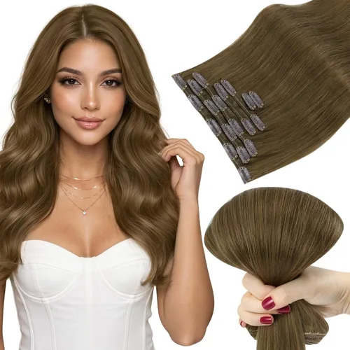 Miniatura 11 de Ve Sunny Extensiones de cabello clip-in de cabello humano real con reflejos, extensiones de cabello con clip para cabello corto, marrón oscuro