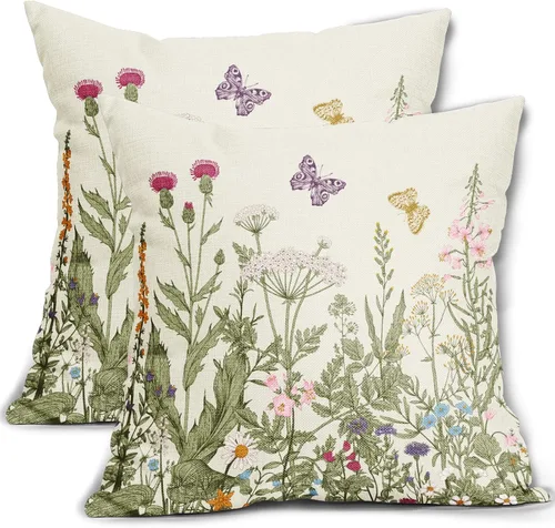 Miniatura 28 de Juego de 2 fundas de almohada de primavera de 16 x 16 pulgadas, diseño de conejo, flores rosas, hojas verdes salvia, plantas botánicas vintage
