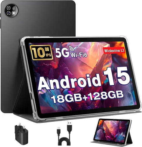 Tablet de 10 pulgadas, tabletas Android 15 con funda, 18 GB de RAM + 128 GB de ROM (expandir a 1 TB), Octa-Core, pantalla táctil IPS HD de 1280 x