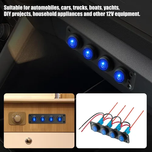 Miniatura 8 de Panel de interruptor marino impermeable, interruptor basculante de palanca de 4 bandas con punto redondo de 12 V CC iluminado 20 A 3 pines SPST