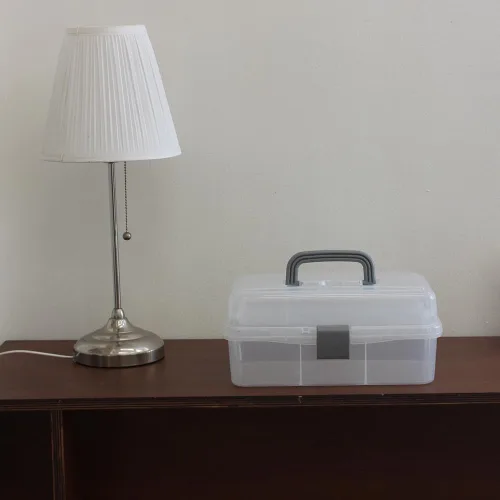 Miniatura 3 de Bandejas de 2 niveles, caja organizadora de contenedores de almacenamiento de plástico gris transparente, funda de transporte portátil multiusos
