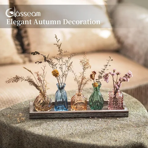 Miniatura 7 de Glasseam Jarrones de cristal para flor: 5 coloridos jarrones pequeños con bandeja de madera rústica para el hogar, oficina, sala de estar, baño