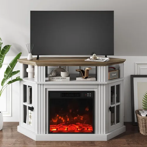 Miniatura 11 de YESHOMY Soporte esquinero para TV con chimenea para televisores de hasta 55" con gabinetes de almacenamiento, centro de entretenimiento, consola