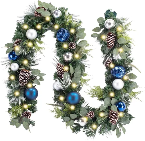 WANNA-CUL - Guirnalda de Navidad preiluminada de 9 pies/108 pulgadas con luces para puerta frontal, luz plateada y azul, guirnalda de Navidad para