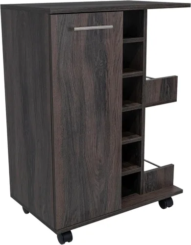 Miniatura 5 de Tuhome Carrito de bar, dos estantes externos, cuatro ruedas, seis estante de vino incorporado, gabinete de una sola puerta -Espresso