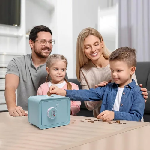 Miniatura 3 de Mini caja de seguridad pequeña para niños, alcancía para niños y niñas, caja fuerte azul con llave