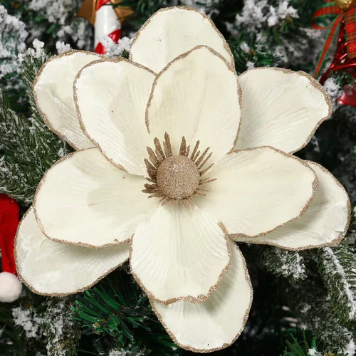 Miniatura 7 de Flores de Navidad grandes con purpurina de 10 pulgadas, 6 unidades, flores artificiales de magnolia de terciopelo, decoraciones para árbol